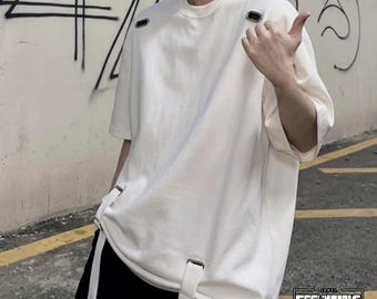 Camicia oversize con fibbia / Top ampio a maniche corte / Abbigliamento quotidiano / Stile streetwear moderno