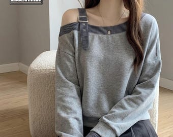 Top con scollo obliquo / T-shirt autunnale aderente / Abbigliamento casual / Abbigliamento autunnale leggero