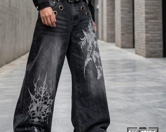 Jeans oversize stampati / Pantaloni a gamba larga lavati / Streetwear Y2K / Stile gotico punk