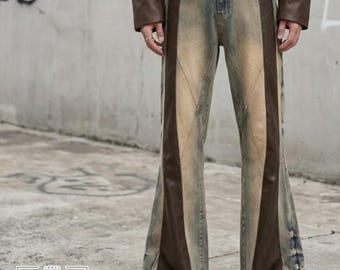 Pantalones vaqueros ajustados acampanados para hombre / Pantalones vaqueros de mezclilla con patchwork de cuero / Estilo streetwear vintage / Tendencia Y2K