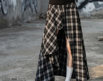 Plaid Layered Skirt | Split Front Long Design | Flowy Fit | Dark Aesthetic Style