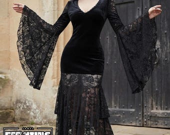 Dark Gothic Dress | Womens Bell Sleeve Gown | Halloween Party | Stage Performance Outfit