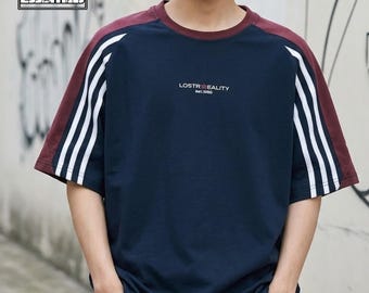 T-shirt a maniche raglan / Top girocollo in cotone a blocchi di colore / Abbigliamento quotidiano / Stile street retrò