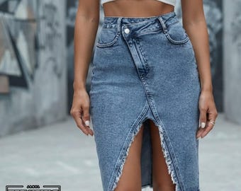 High Waist Skirt | Side Slit Denim Bottom | Daily Wear | Feminine Chic Style