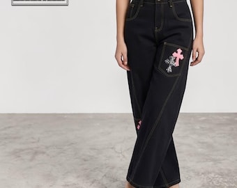 Jeans larghi ricamati / Pantaloni ampi con molte tasche / Abbigliamento quotidiano / Streetwear retrò anni 2000