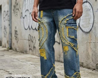 Jeans strappati a strati / Pantaloni in denim slim fit / Streetwear hip-hop / Moda casual anni 2000
