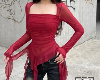 Top con scollo quadrato / Camicia a maniche lunghe con volant / Abbigliamento quotidiano / Stile streetwear anni 2000