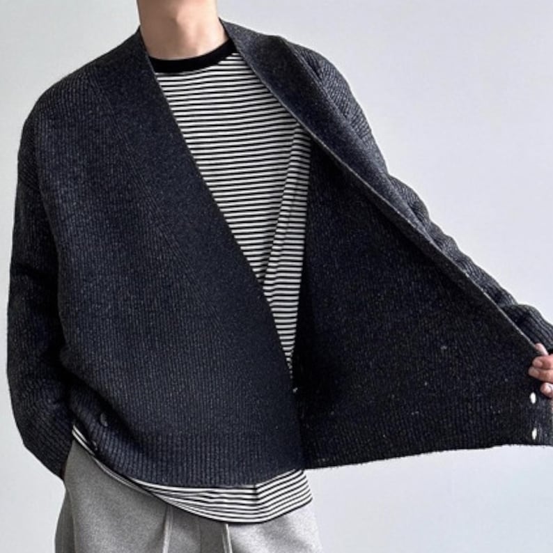V Neck Robe Sweater | Loose Button Cardigan Jacket | Daily Wear | Minimal Streetwear Style

V neck cardigan top with cross front button design paired with relaxed pants for minimal streetwear look
