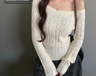 Maglione con spalle scoperte / Pullover a maniche lunghe / Top slim fit / Streetwear chic Y2K