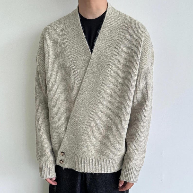 V Neck Robe Sweater | Loose Button Cardigan Jacket | Daily Wear | Minimal Streetwear Style

V neck cardigan top with cross front button design paired with relaxed pants for minimal streetwear look