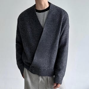 V Neck Robe Sweater | Loose Button Cardigan Jacket | Daily Wear | Minimal Streetwear Style

V neck cardigan top with cross front button design paired with relaxed pants for minimal streetwear look