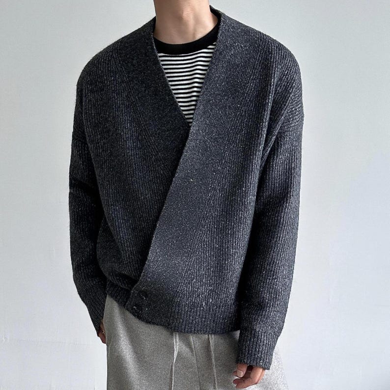 V Neck Robe Sweater | Loose Button Cardigan Jacket | Daily Wear | Minimal Streetwear Style

V neck cardigan top with cross front button design paired with relaxed pants for minimal streetwear look