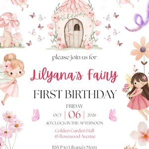 Inbjudan till första födelsedag för flicka, älva | Förtrollad älva-festinbjudan | Redigerbar födelsedagsmall för magisk skog i Canvas
