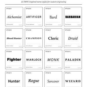 May include: A white chart titled Customize Your Font with 16 TRPG-inspired name styles for custom engraving. Each box displays a style number, a sample word like Alchemist or Barbarian, and a descriptive font name like Alchemy Serif or War Banner.
