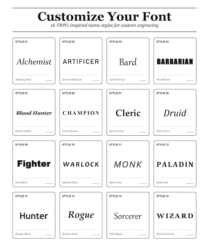 May include: A white chart titled Customize Your Font with 16 TRPG-inspired name styles for custom engraving. Each box displays a style number, a sample word like Alchemist or Barbarian, and a descriptive font name like Alchemy Serif or War Banner.