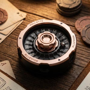 May include: A roulette wheel-themed fidget spinner with a black and rose gold finish. The wheel features numbers and the word "ROULETTE". Poker chips and playing cards are in the background, suggesting a casino theme.
