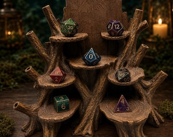 May include: A brown, tree-stump-shaped display stand with multiple circular shelves holding seven polyhedral dice. The dice are various colors, including green, purple, blue, red, and black, each featuring gold-colored numbers for tabletop gaming.