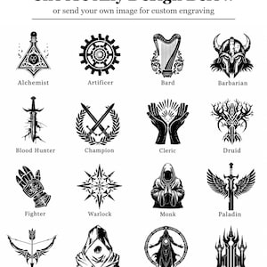 May include: A grid of sixteen black and white icons representing character classes with labels including Alchemist, Artificer, Bard, Barbarian, Blood Hunter, Champion, Cleric, Druid, Fighter, Warlock, Monk, Paladin, Hunter, Rogue, Sorcerer, and Wizard.