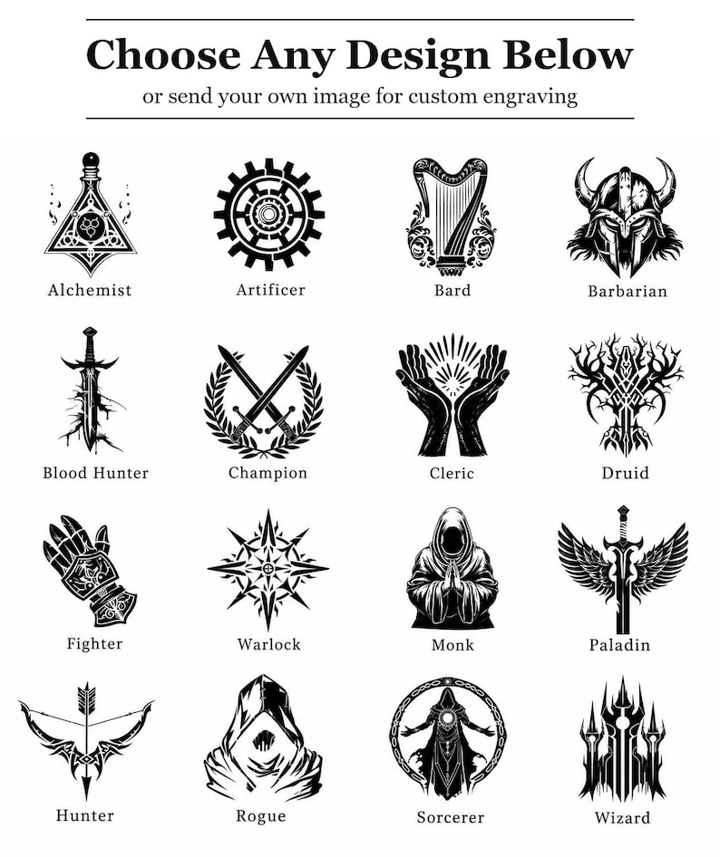 May include: A grid of sixteen black and white icons representing character classes with labels including Alchemist, Artificer, Bard, Barbarian, Blood Hunter, Champion, Cleric, Druid, Fighter, Warlock, Monk, Paladin, Hunter, Rogue, Sorcerer, and Wizard.