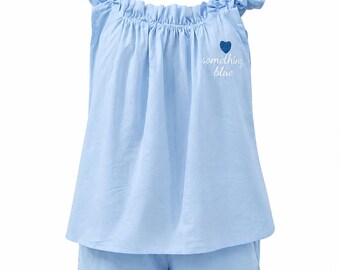 Something Blue Bridal Pajama Set | Personalized Bride Pajamas | Embroidered Heart Sleep Set | Bridal Shower Gift | Wedding Morning PJs
