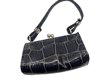 Minibolso de mano vintage azul de imitación de cocodrilo con cierre de beso plateado y monedero de 10 cm (4 pulgadas), estilo Y2K.