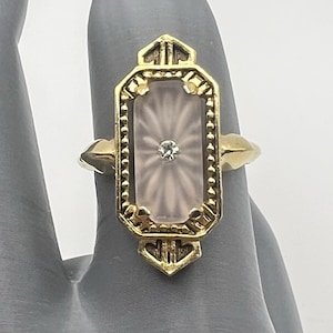 Vintage Avon Frostlight Pink Camphor Glass Gold Tone Ring 1977 sz 5.25 to 7.25