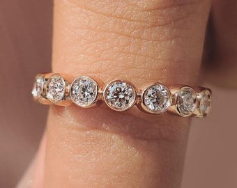 Bezel Set Wedding Band, Round Cut Diamond Ring, Round Eternity Band, Gold & Silver Stackable Ring, Round Wedding Band, Anniversary Gift Her