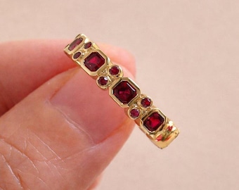 Vintage Ruby Wedding Band, Princess-Cut Ruby Ring, Bezel Setting Band, July Birthstone, Ruby Engagement Ring Half Eternity Band
