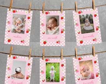 Berry First Birthday Banner Milestone Cards with Photos Printable Strawberry 1st Birthday Girl Decorations 12 Month Milestone