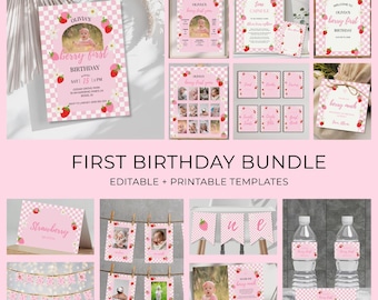 Berry First Birthday Bundle Strawberry 1st Birthday Girl Party Printable Berry First Birthday Decorations Pink Gingham Invitation Bundle