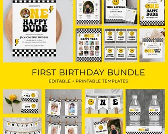 Bundle 1er anniversaire Happy Dude Modèles modifiables Modèle pour jalons Smiley rétro Fête 1er anniversaire garçon Téléchargement instantané Canva