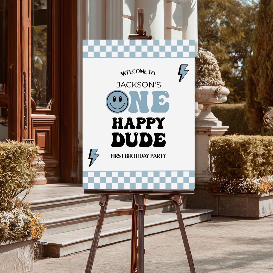 One Happy Dude Welcome Sign Checkered Editable Template Blue Smiley ...