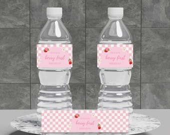 Berry First Birthday Water Bottle Labels Editable Personalized Strawberry Birthday Decor Berry Birthday Printable Instant Digital Download