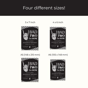 May include: Four black and white birthday invitation templates featuring a skeleton hand making a rock-and-roll gesture with the text BAD TWO THE BONE. Sizes include 5 x 7 inch, 4 x 6 inch, A5 (148 x 210 mm), and A6 (105 x 148 mm) with checkered borders.