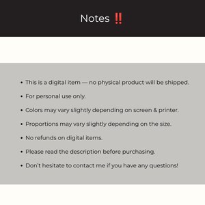 May include: A digital information card with a black header containing the white text Notes and two red exclamation marks. The light gray body text lists seven bullet points regarding digital item policies, personal use, and contact instructions.