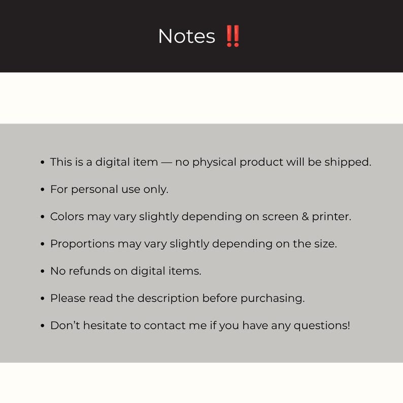 May include: A digital information card with a black header containing the white text Notes and two red exclamation marks. The light gray body text lists seven bullet points regarding digital item policies, personal use, and contact instructions.