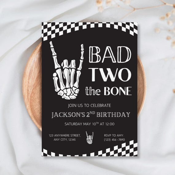 Bad Two the Bone 2nd Birthday Invitation Skull Skeleton Hand Themed Digital Download Black & White Editable Template Personalised Invite