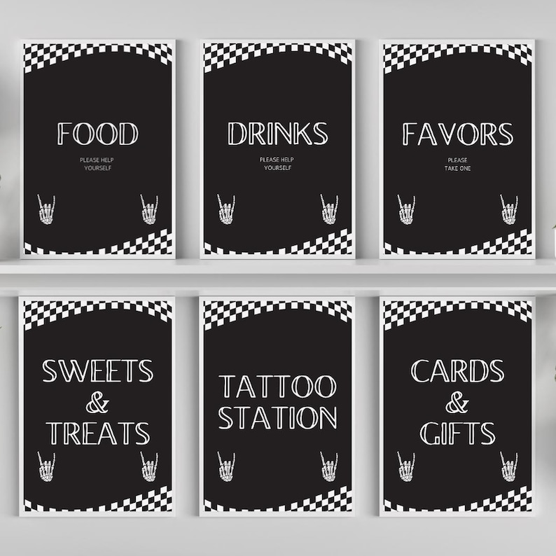May include: Set of six black and white signs with various text, including "FOOD", "DRINKS", "FAVORS", "SWEETS & TREATS", "TATTOO STATION", and "CARDS & GIFTS". Each sign has a checkered border and a skeleton hand graphic.