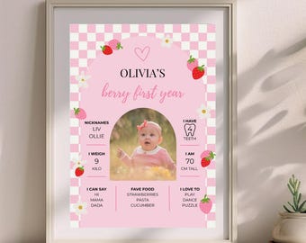 Berry First Birthday Milestone Poster Editable Strawberry 1st Birthday Editable Milestone Board Party Sign Template Sweet One Birthday