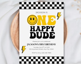 One Happy Dude Birthday Invitation Template Editable Retro One Happy Dude First Birthday Party Invite Printable Invitation Smiley Face Retro