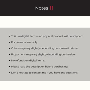May include: A digital document with the word "Notes" in white text on a black background, with two red exclamation points. Below, bullet points detail the digital nature of the item, personal use, color variations, and refund policy.