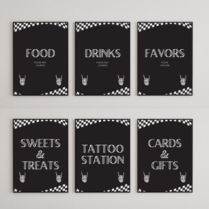 May include: Six black and white signs with text for a party. The signs read "Food", "Drinks", "Favors", "Sweets & Treats", "Tattoo Station", and "Cards & Gifts". Each sign has a checkered border and a skeleton hand graphic.