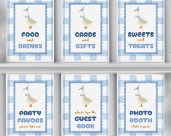 One Silly Goose 1st Birthday Table Sign Bundle Set Editable Printable Birthday Goose Signage Template Blue Gingham Party Decor Canva Edit