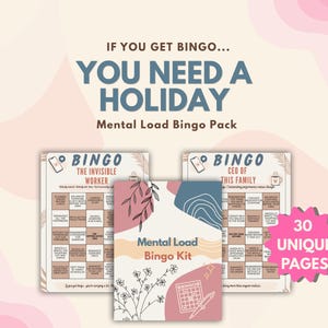 以下が含まれることがあります： Mental Load Bingo Kitには、The Invisible WorkerとCEO of This Familyというタイトルの2つのゲームボードと中央の表紙が含まれています。テキストにはIF YOU GET BINGO... YOU NEED A HOLIDAYとピンクの星型に30 UNIQUE PAGESと書かれています。