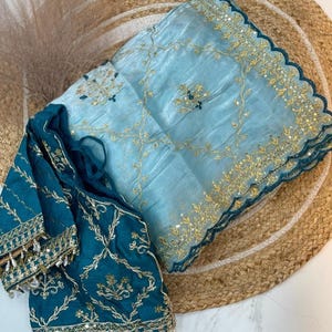 Soft Silk Saree with Gold Sequin Embroidery, Scalloped Border, Fancy Stitched  Blouse, Wedding Party Wear Indian