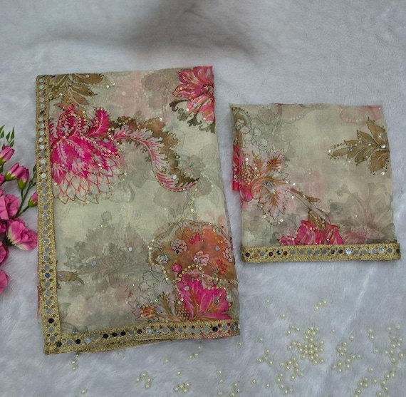 Floral Digital Print Saree: Tebby Silk with Embroidery Mirror Work