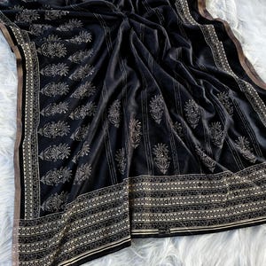 Black Dola Cotton Saree with Mirror Work & Elegant Weaving Border, Printed Kalamkari Blouse saree
