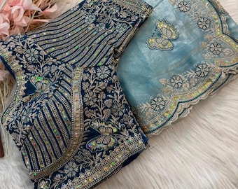 Space Silk Saree with Butterfly Embroidery & Sequins | Contrast Stitched Blouse | Party  Wedding Wear Saree