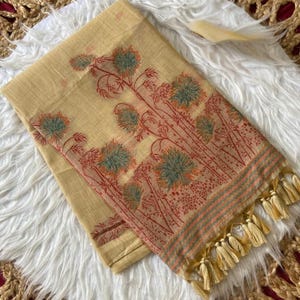 Soft Muga Cotton Saree, Resham Weaving Floral Pallu, Butti Blouse, Tassel Border