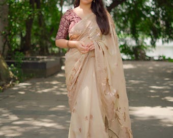Satin Georgette Saree: Beige Embroidery, Worli Zari Blouse